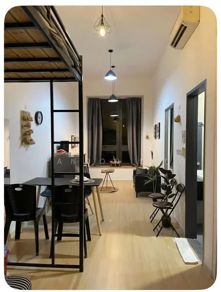 Living features: wooden flooring, white painted walls, large window with city view, black sofa, coffee table, dining table with chairs, pendant light fixture, wall-mounted air conditioning unit, decorative wall art, plant in ceramic pot, grey curtains; style: modern; view: city. Room features: bunk bed frame, black metal frame, open space layout.