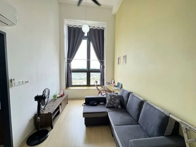 Living features: grey fabric L-shape sectional sofa, wooden coffee table, floor-to-ceiling window, sheer curtains, ceiling fan, light fixture, wooden desk, decorative wall art, laminate flooring, green accent wall; style: modern; view: city.
