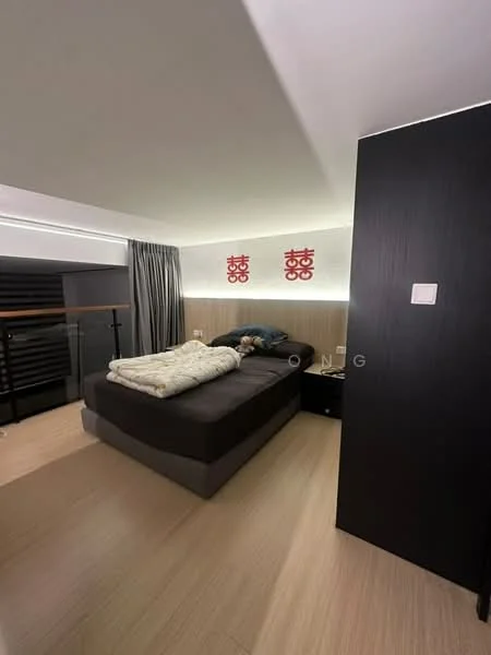 Bedroom features: queen-size bed with dark bedding, wooden headboard, bedside table, wall-mounted light fixtures, grey curtains, wood paneling on walls, laminate flooring, decorative wall art, recessed lighting, built-in wardrobe; style: modern.