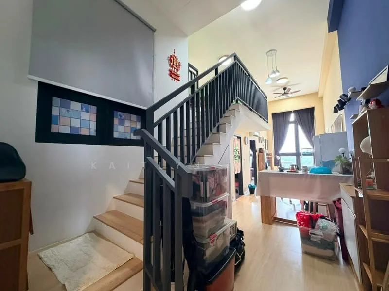 Room features: wooden staircase, laminate flooring, white walls, ceiling lights, window with sheer curtains, decorative wall art, open layout, storage boxes, table with items on it, shelves with decorative items; style: modern.