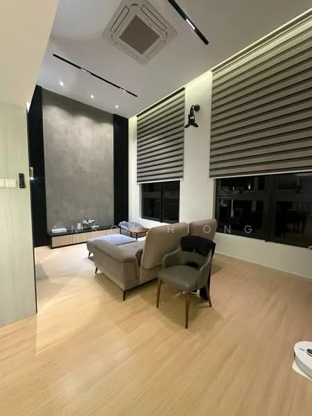 Living features: light wood flooring, grey fabric 3-seater sofa, black accent wall, recessed downlights, roller blinds on windows, wall-mounted speaker, air conditioning unit, decorative wall art; style: modern.