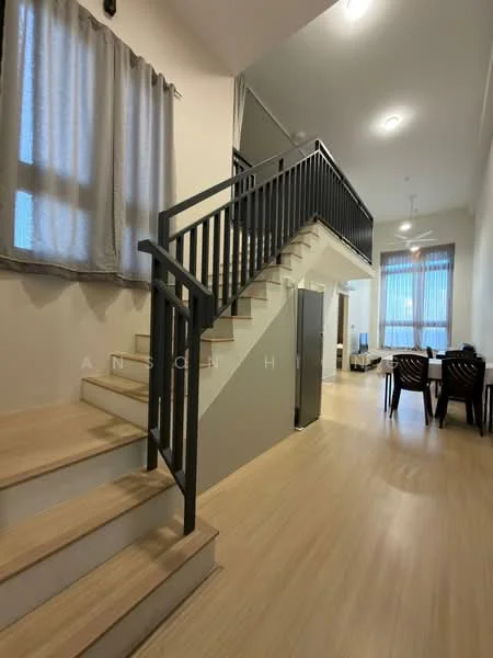 Room features: wooden flooring, staircase with metal railing, large windows with sheer curtains, recessed ceiling lights, neutral wall color, open layout, dining area visible, living area visible; style: modern.