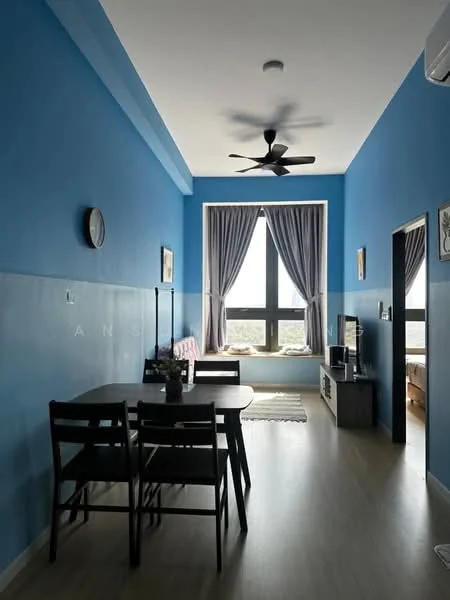 Living features: blue painted walls, laminate flooring, 5-blade ceiling fan, floor-to-ceiling windows, sheer curtains, TV console, wall-mounted TV, dining table with chairs, area rug, decorative wall clock; style: modern; view: city.