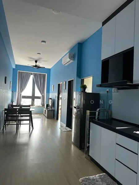 Living features: blue painted walls, laminate flooring, 5-blade ceiling fan, floor-to-ceiling windows, sheer curtains, dining table with 4 chairs, TV console, wall-mounted TV, refrigerator, kitchen cabinetry with black countertop, stainless-steel sink, built-in oven, microwave; style: modern; view: city.