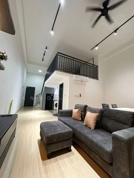 Living features: grey fabric sofa, 2 decorative cushions, wooden coffee table, TV console, wall-mounted TV, ceiling fan, recessed LED downlights, laminate flooring, white painted walls, open staircase, balcony railing visible, dining area in background; style: modern.