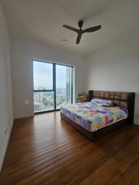 Bedroom features: king-size bed with colorful bedding, wooden flooring, floor-to-ceiling windows, city view, 5-blade ceiling fan, white painted walls, decorative wall art, built-in wardrobe; style: modern; view: city.