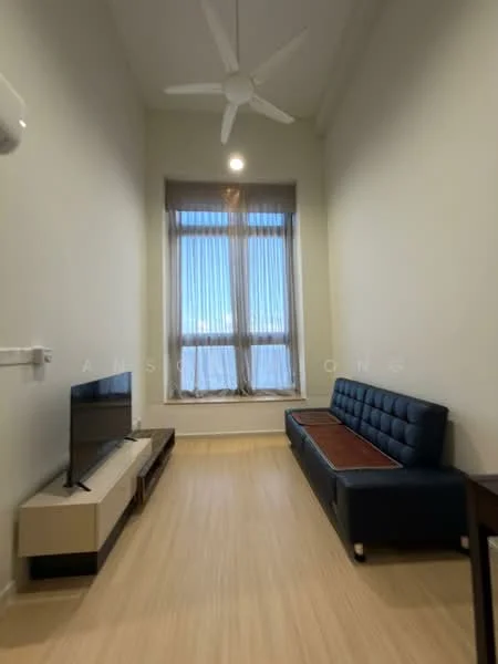 Living features: light wood flooring, white painted walls, 5-blade ceiling fan, recessed downlights, floor-to-ceiling windows, sheer curtains, TV console, wall-mounted TV, blue fabric sofa, coffee table; style: modern; view: city.