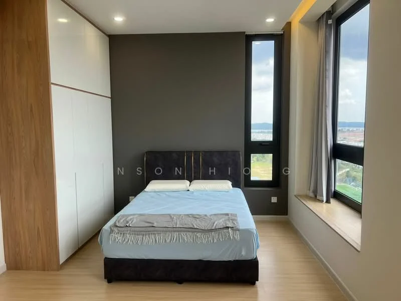 Bedroom features: king-size bed, upholstered headboard, bedside table, built-in wardrobe with sliding doors, large window with city view, wooden flooring, recessed downlights, neutral wall color, decorative wall paneling; style: modern; view: city.