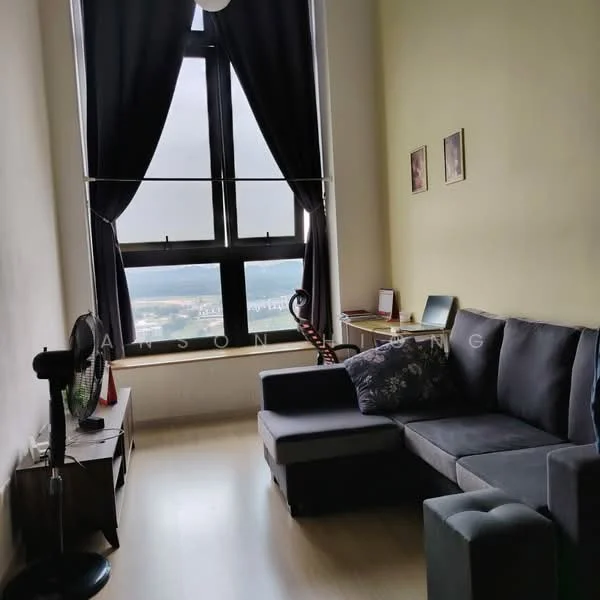 Living features: floor-to-ceiling windows, blackout curtains, 3-seater fabric sofa in grey, armchair, coffee table, TV console, wall-mounted TV, decorative wall art, wooden flooring, ceiling fan; style: modern; view: city.
