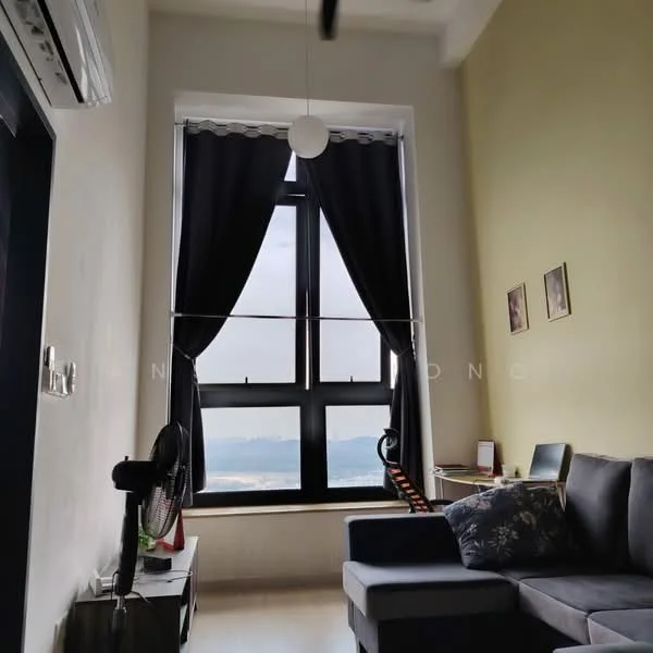 Living features: floor-to-ceiling windows, blackout curtains, light grey fabric sofa, decorative cushions, wooden coffee table, wall-mounted fan, light fixture, laminate flooring, green accent wall, framed artwork, desk with chair, view of the city; style: modern; view: city.