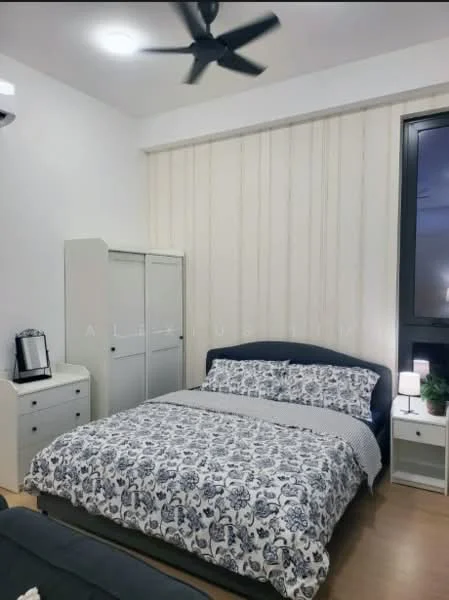 Bedroom features: king-size bed with patterned bedding, upholstered headboard, 2 bedside lamps, white bedside table, white dresser with mirror, built-in wardrobe, light wood flooring, ceiling fan with light, large window with dark frame, decorative wall with vertical lines; style: modern.