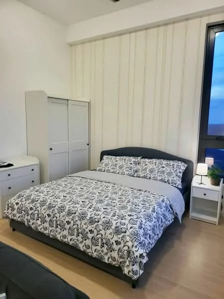 Bedroom features: queen-size bed with patterned bedding, upholstered headboard, white bedside tables, table lamp, built-in wardrobe with sliding doors, white dresser, light wood flooring, striped accent wall, floor-to-ceiling window, curtains; style: modern; view: city.