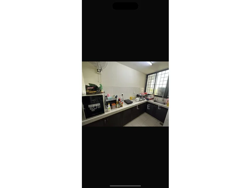 Kitchen features: L-shaped countertop, dark wood cabinetry, white tiled backsplash, stainless-steel sink, chrome faucet, microwave, various kitchen appliances, multiple bottles and containers on countertop, window with grid pattern, ceramic tile flooring; style: modern.