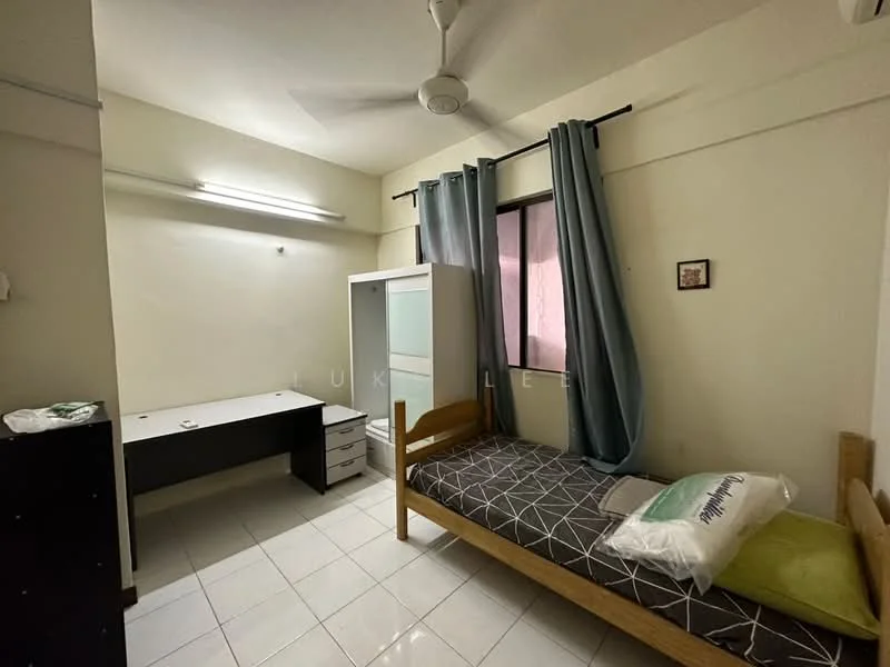 Bedroom features: single bed with wooden frame, mattress with bedding, study desk with drawers, white wardrobe with sliding doors, floor-to-ceiling window, light blue curtains, ceiling fan, white tiled flooring, wall-mounted light fixture, decorative wall frame; style: minimalist.