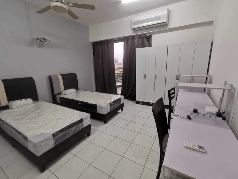 Bedroom features: two single beds with mattresses, white bed frames, grey accent wall, white painted walls, tile flooring, 5-blade ceiling fan, wall-mounted air conditioning unit, floor-to-ceiling window with sheer curtains, blackout curtains, built-in wardrobe with sliding doors, study desk with chair, telephone on desk; style: modern; view: city.