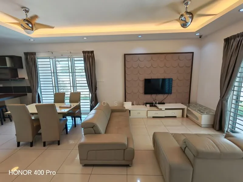 Living features: 3-seater leather sofa in light beige, 2-seater leather sofa in light beige, coffee table, TV console, wall-mounted TV, recessed downlights, ceiling fan, cream painted walls, tile flooring, decorative wall panel with wave pattern, sliding glass door with window treatments, area rug; style: modern; view: garden. Dining features: 6-seater dining table, upholstered dining chairs in beige, sideboard, cream painted walls, tile flooring, recessed downlights; style: modern; view: garden.