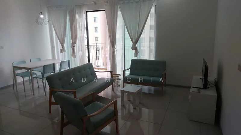 Living features: 2-seater fabric sofa in light blue, 2-seater fabric sofa in light blue, white coffee table, wall-mounted TV, dining table for 4 with light blue chairs, floor-to-ceiling sliding glass door, sheer curtains, white walls, glossy tile flooring, recessed downlights, decorative pendant light; style: modern; view: city.