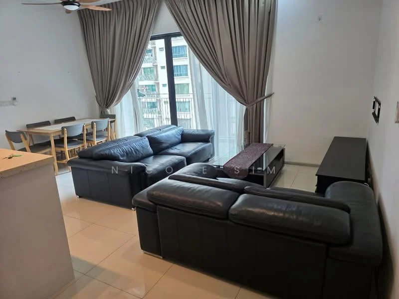 Living features: L-shape sectional sofa in black leather, coffee table, TV console, floor-to-ceiling windows, sheer curtains, light-colored walls, tile flooring, ceiling fan with light, dining table with chairs visible in background; style: modern; view: city.