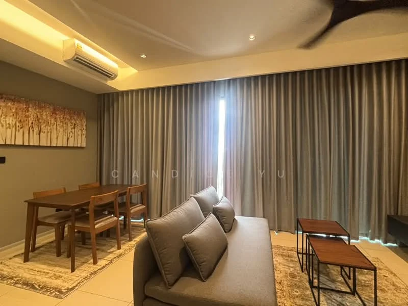 Living features: 3-seater fabric sofa in grey, 2 wooden coffee tables, dining table with 4 wooden chairs, area rug with geometric pattern, floor-to-ceiling curtains in grey, wall-mounted split AC, recessed downlights, decorative artwork on wall, neutral painted walls, tile flooring; style: modern.