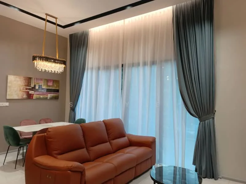 Living features: 3-seater leather sofa in brown, glass coffee table, chandelier with multiple bulbs, floor-to-ceiling windows, sheer curtains, dark grey curtains, painted walls in light beige, decorative artwork on wall, dining table with upholstered chairs visible in background; style: modern.