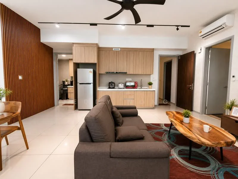 Living features: 3-seater fabric sofa in grey, wooden coffee table, area rug with geometric pattern, ceiling fan with light, wall-mounted air conditioning unit, recessed downlights, wood panel accent wall, large windows with natural light; style: modern. Kitchen features: kitchen cabinetry in light wood, stainless-steel fridge, built-in microwave, coffee machine, countertop with space for appliances, open layout to living area; style: modern.