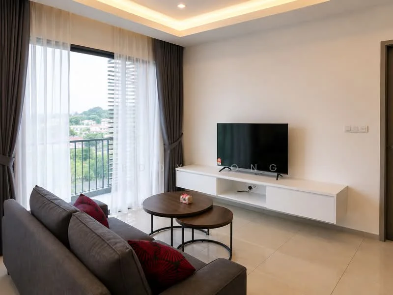 Living features: grey fabric sofa, round coffee table, wall-mounted TV, white TV console, floor-to-ceiling windows, sheer curtains, recessed ceiling lights, light-colored wall, tile flooring; style: modern; view: city.