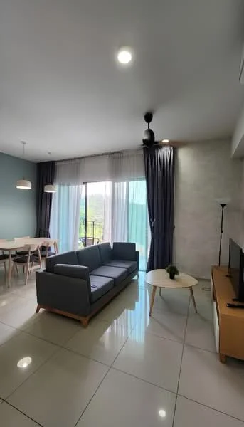 Living features: 3-seater fabric sofa in grey, coffee table, wall-mounted TV, TV console in light wood, floor-to-ceiling windows, sheer curtains, blackout curtains, recessed LED downlights, ceiling fan with light, glossy tile flooring, accent wall in light blue, exposed concrete wall, dining area with 4-seater dining table; style: modern; view: garden.
