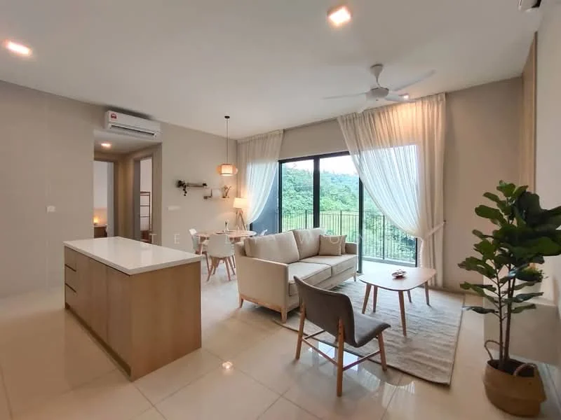 Living features: light grey walls, white ceiling, 5-blade ceiling fan with light, floor-to-ceiling windows, sheer curtains, cream area rug, light wood coffee table, beige fabric sofa, 2 beige armchairs, wooden side table, green indoor plant, recessed LED downlights, open-plan layout with kitchen, balcony view of greenery; style: modern; view: garden. Kitchen features: white cabinetry, light wood kitchen island, stainless-steel sink, chrome pull-down faucet, recessed LED downlights; style: modern.