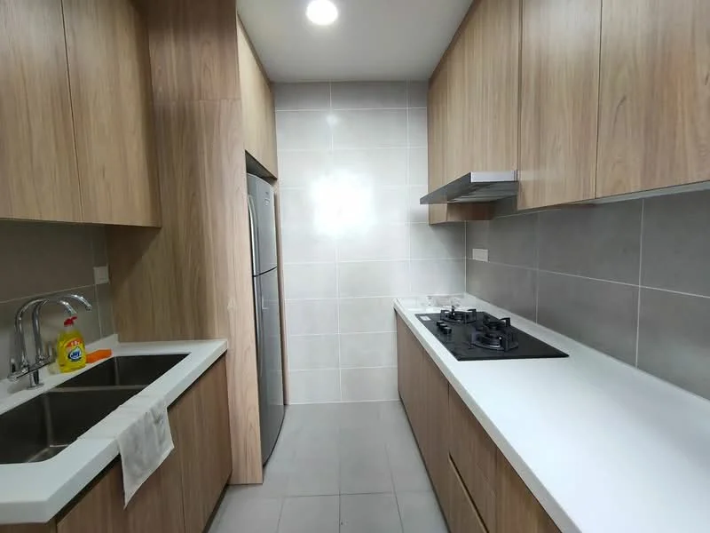 Kitchen features: wood cabinetry, white quartz countertop, double-bowl stainless-steel sink, chrome pull-down faucet, built-in gas hob, stainless-steel range hood, stainless-steel fridge, grey tiled backsplash, grey floor tiles, recessed ceiling lights; style: modern.