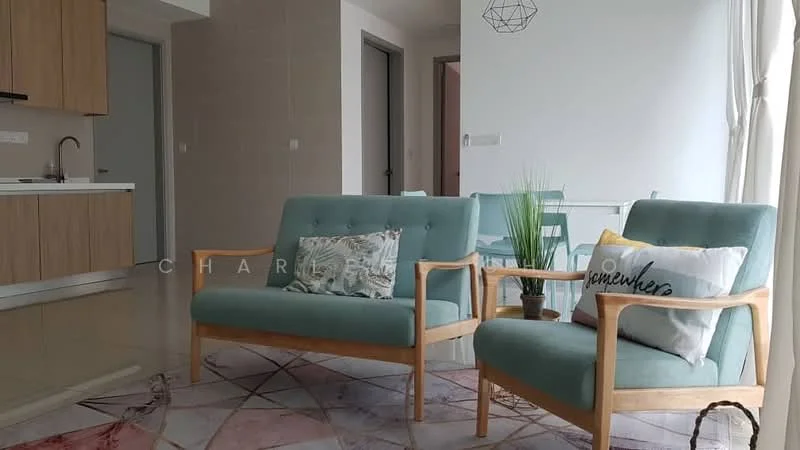 Living features: two light blue fabric armchairs with wooden frames, decorative throw pillows, area rug with geometric pattern, glass dining table in background, white walls, large windows with sheer curtains, neutral-colored flooring, indoor plant in ceramic pot, pendant light fixture; style: modern.