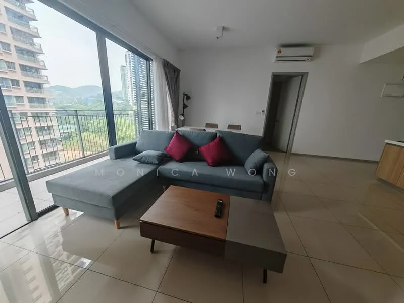 Living features: L-shape sectional sofa in grey, two red accent pillows, coffee table with wooden top, floor-to-ceiling windows, sliding glass door, tile flooring, recessed downlights, air conditioning unit on wall, curtains, mountain view visible through windows; style: modern; view: mountain.