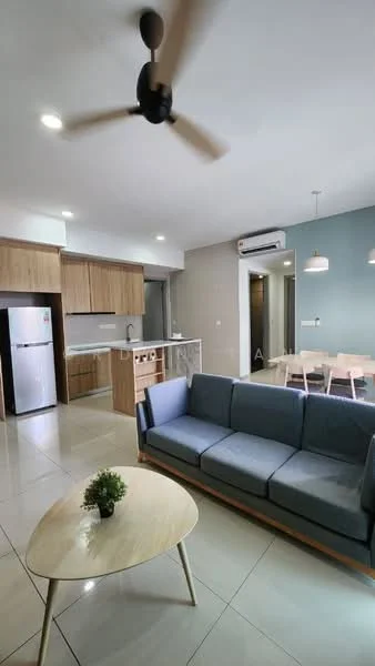 Living features: 3-seater fabric sofa in grey, wooden coffee table, ceiling fan, recessed LED downlights, wall-mounted air conditioning unit, tile flooring, open-plan layout, decorative plant on table, light blue accent wall; style: modern. Kitchen features: stainless-steel fridge, built-in kitchen cabinets, white countertop, sink, kitchen island with seating, ceramic tile backsplash; style: modern. Dining features: 6-seater dining table, wooden dining chairs; style: modern.