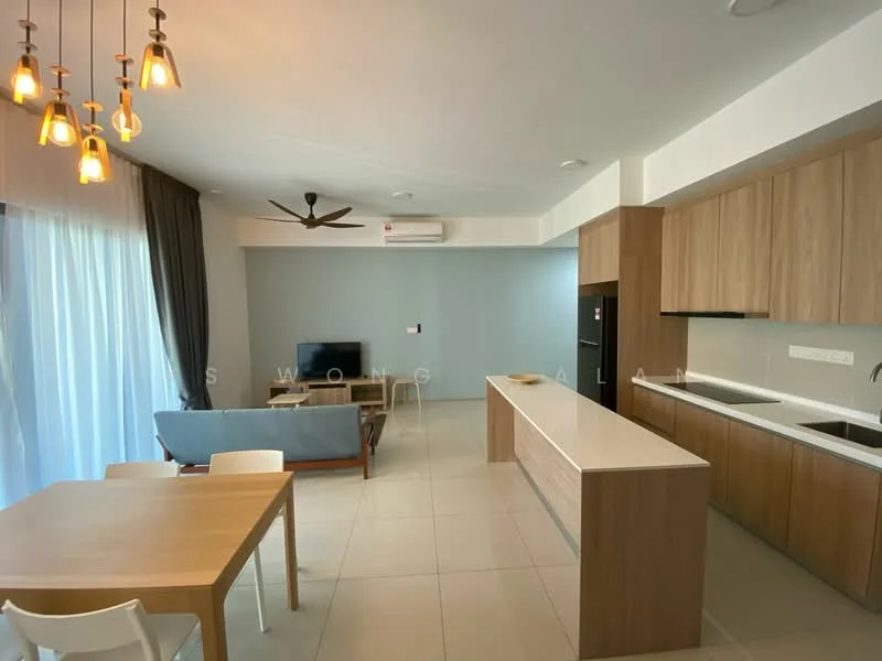 Living features: 5-blade ceiling fan, recessed downlights, wall-mounted TV, sofa in light blue fabric, coffee table, dining table for 4, white dining chairs, floor-to-ceiling windows with sheer curtains, air conditioning unit, light wood cabinetry, white countertop, double-bowl stainless-steel sink, built-in oven, black refrigerator; style: modern.