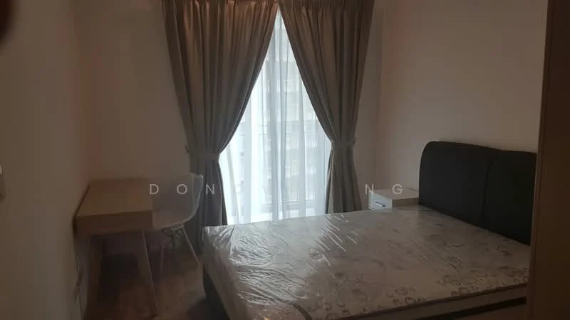 Bedroom features: queen-size bed, upholstered headboard, wooden flooring, white walls, floor-to-ceiling window, sheer curtains, study desk, transparent chair, nightstand; style: modern.
