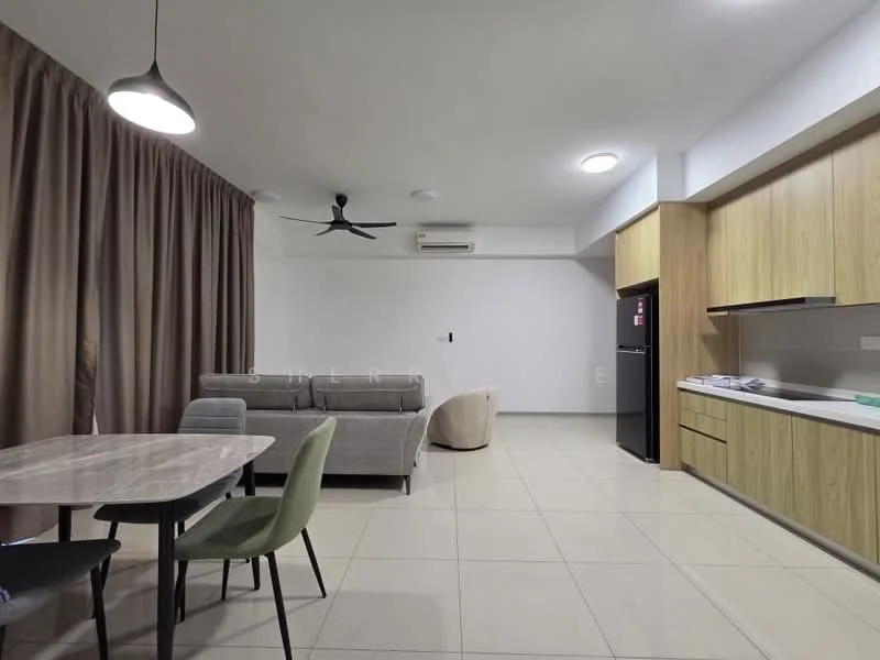 Living features: grey fabric sofa, round dining table with marble top, green upholstered dining chair, black dining chair, refrigerator, kitchen cabinetry with wood finish, white countertop, tile flooring, ceiling fan, wall-mounted air conditioning unit, curtains, light fixture; style: modern.