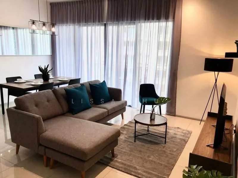 Living features: L-shape sectional sofa in grey, coffee table, area rug, wall-mounted TV, TV console, floor-to-ceiling windows with sheer curtains, dining table for six, upholstered dining chairs, decorative plant, light fixture with multiple bulbs, neutral wall colour, ceramic tile flooring; style: modern.
