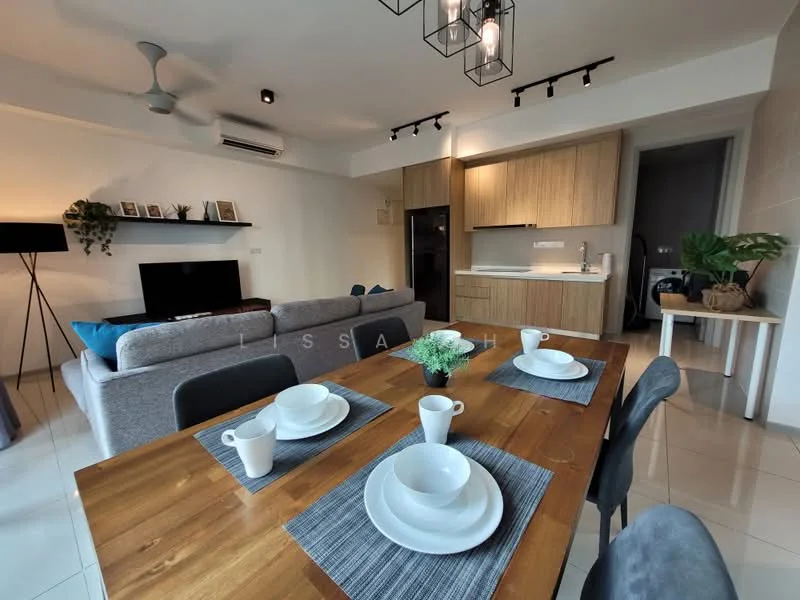Dining features: wooden dining table, 4 dining chairs, white plates, white cups, grey placemats, decorative plant on table; style: modern. Living features: grey fabric sofa, blue throw pillows, black TV console, wall-mounted TV, ceiling fan, recessed lighting, decorative wall art; style: modern. Kitchen features: wood cabinetry, built-in refrigerator, kitchen countertop, stainless-steel sink, modern faucet; style: modern.