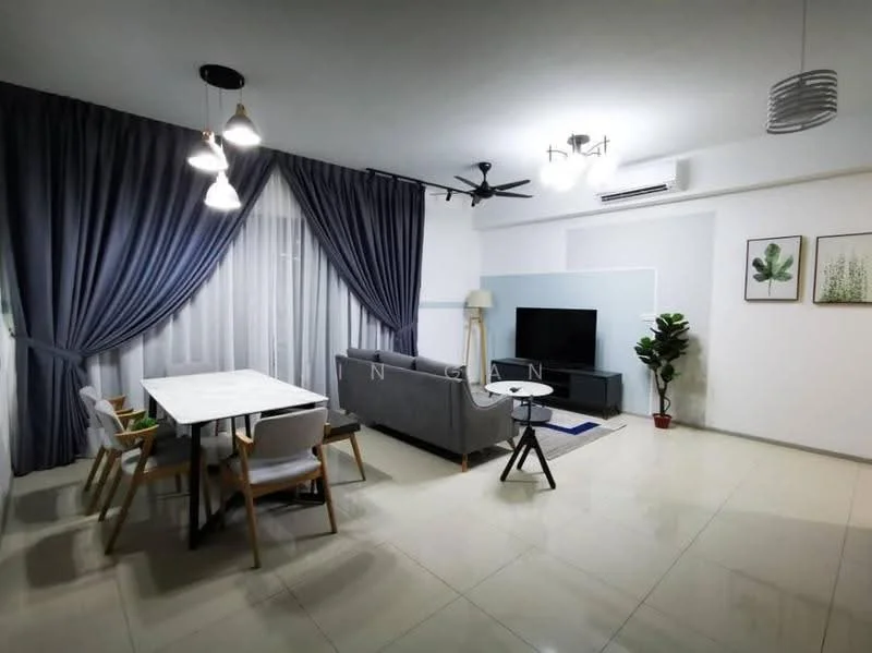Living features: grey fabric sofa, white marble coffee table, TV console, wall-mounted TV, 5-blade ceiling fan with light, recessed downlights, floor-to-ceiling windows with sheer curtains, decorative plant in pot, area rug, framed artwork on walls, dining table with 4 chairs; style: modern.