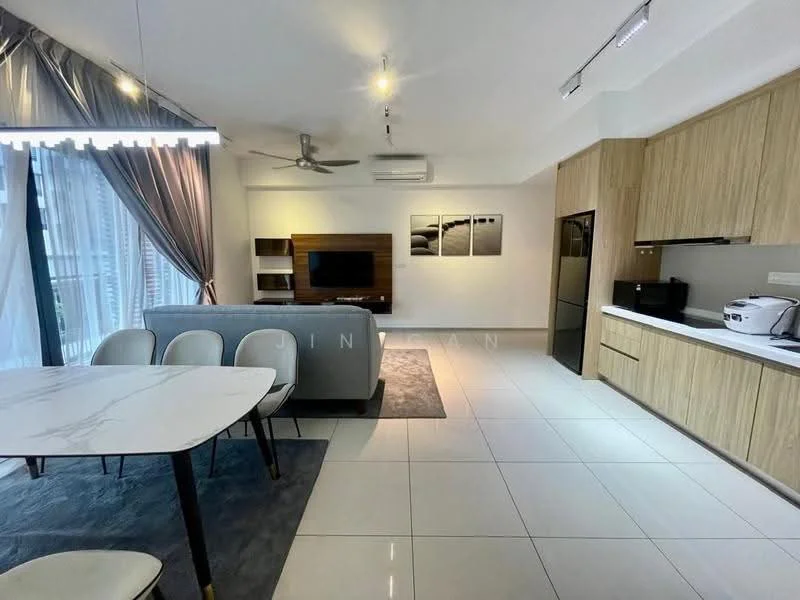 Living features: grey fabric sofa, 3-seater sofa, coffee table, TV console, wall-mounted TV, area rug, 5-blade ceiling fan with light, recessed LED downlights, floor-to-ceiling windows with sheer curtains, white painted walls, tile flooring, wood cabinetry, built-in microwave, stainless-steel fridge; style: modern; view: garden. Dining features: 6-seater dining table, upholstered dining chairs, pendant lamp, grey area rug; style: modern. Kitchen features: white cabinetry, stainless-steel sink, chrome pull-down faucet, built-in oven, ceramic tile backsplash, countertop with marble pattern; style: modern.