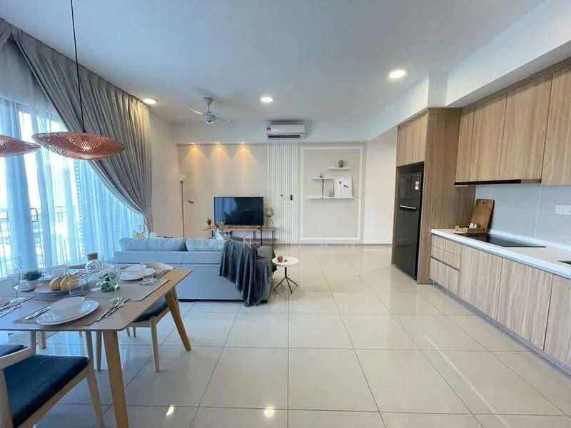 Living features: 3-seater fabric sofa in light blue, coffee table, wall-mounted TV, ceiling fan with light, recessed downlights, floor-to-ceiling windows with sheer curtains, light grey wall, white tiled flooring, decorative wall paneling, open shelving unit, air conditioning unit; style: modern; view: city. Dining features: 6-seater dining table, wooden dining chairs, table setting with plates and cutlery; style: modern. Kitchen features: white cabinetry, stainless-steel fridge, built-in oven, ceramic cooktop, white countertop, single-bowl stainless-steel sink, chrome pull-down faucet; style: modern.