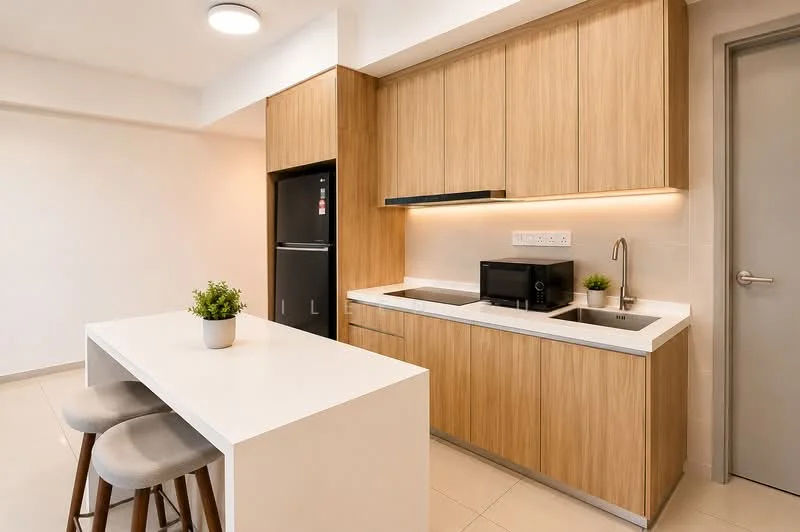 Kitchen features: light wood cabinetry, white quartz countertop, single-bowl stainless-steel sink, chrome pull-down faucet, built-in microwave, black refrigerator, kitchen island with seating, stools, recessed downlights, tile flooring, white backsplash; style: modern.