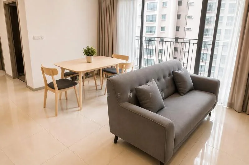 Living features: grey fabric sofa, 2 decorative cushions, light wood dining table, 3 light wood dining chairs, floor-to-ceiling windows, sheer curtains, cream painted walls, glossy tile flooring, indoor plant in ceramic pot; style: modern; view: city.