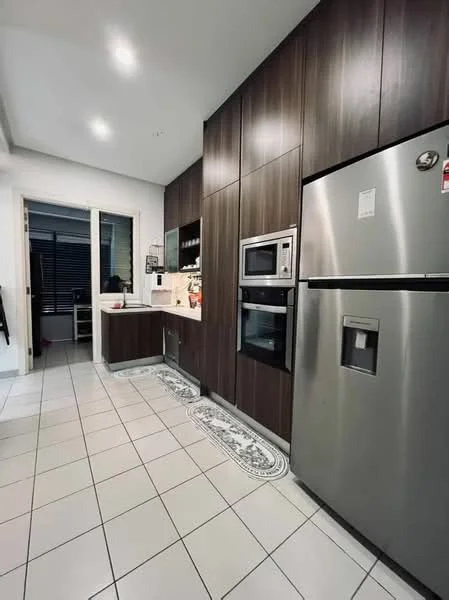 Kitchen features: dark wood cabinetry, white countertop, stainless-steel fridge, built-in microwave, built-in oven, ceramic tile flooring, recessed downlights, double-bowl stainless-steel sink, chrome pull-down faucet, kitchen island, open shelving, window with blinds; style: modern.