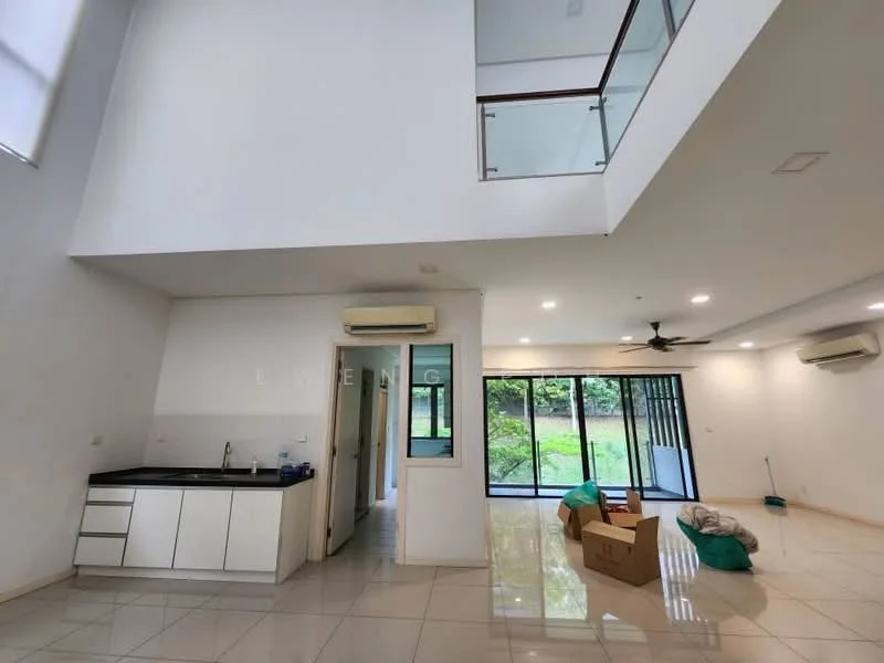 Living features: white painted walls, glossy tile flooring, 5-blade ceiling fan with light, floor-to-ceiling windows, sliding glass door, natural light from windows, open layout, air conditioning unit; style: modern; view: garden. Kitchen features: white cabinetry, black countertop, single-bowl stainless-steel sink, built-in oven, stainless-steel range hood, 4-burner gas hob, recessed downlights; style: modern.