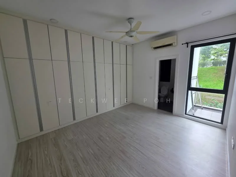 Room features: light wood laminate flooring, white painted walls, built-in wardrobe with sliding doors, 5-blade ceiling fan, wall-mounted air conditioning unit, floor-to-ceiling windows, door leading to outdoor area, neutral color scheme; style: modern; view: garden.
