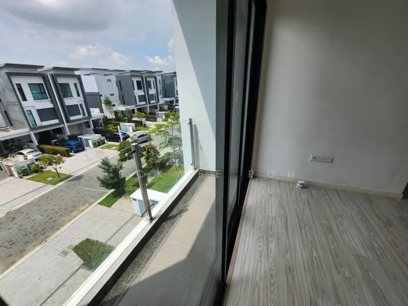 Room features: floor-to-ceiling windows, wooden flooring, white walls, balcony view, glass railing, natural light, modern design; style: modern; view: garden.