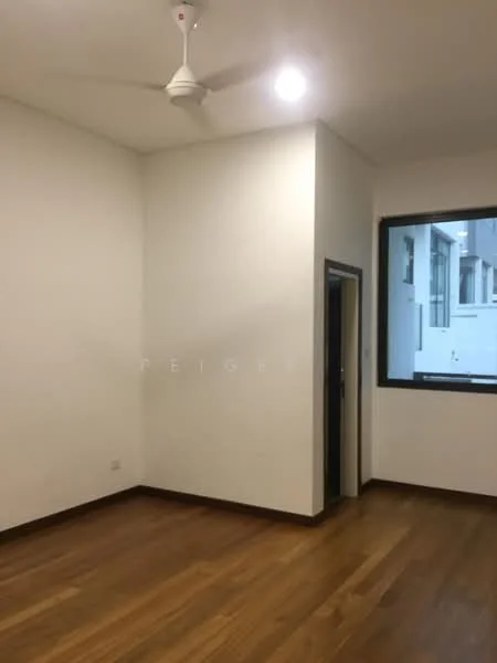 Room features: white painted walls, wooden flooring, ceiling fan, recessed downlights, large window, doorway, corner of the room.