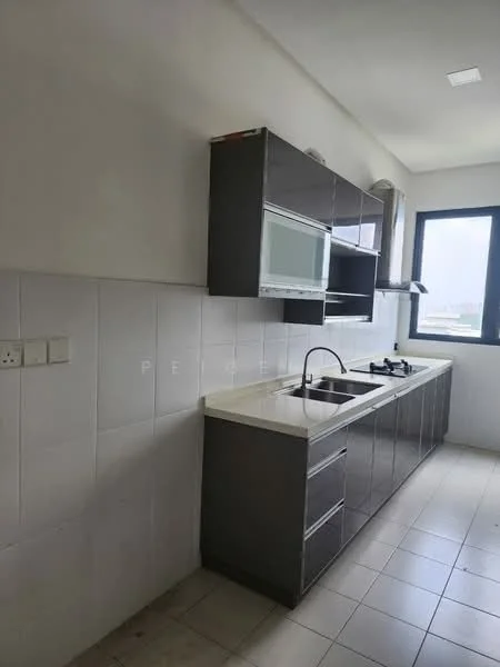 Kitchen features: white tiled walls, grey cabinetry, marble countertop, stainless-steel sink, chrome pull-down faucet, built-in microwave, gas hob, window with city view, tile flooring; style: modern; view: city.