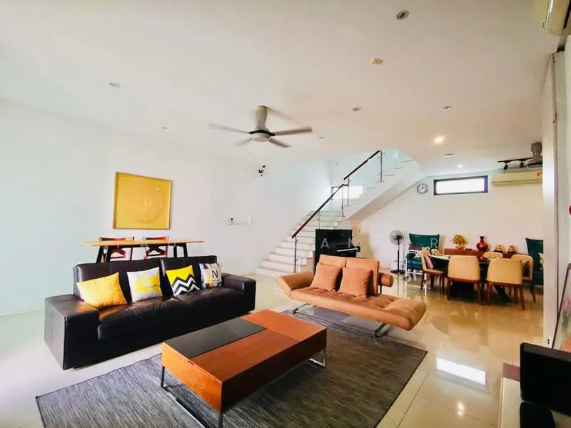 Living features: 3-seater fabric sofa in black, 2-seater fabric sofa in beige, coffee table with wooden top, area rug with geometric pattern, 5-blade ceiling fan with light, white painted walls, marble tile flooring, large windows for natural light, decorative wall art, open-plan layout; style: modern. Dining features: 6-seater dining table, upholstered dining chairs, decorative centerpiece, wall clock, white painted walls, marble tile flooring; style: modern.