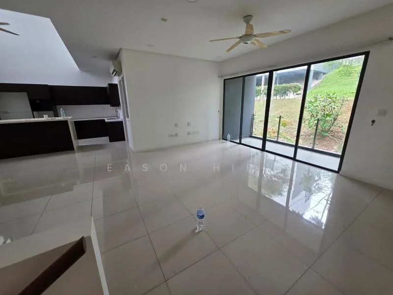Living features: large floor-to-ceiling sliding glass doors, white painted walls, polished ceramic tile flooring, ceiling fan, recessed downlights, open layout, access to outdoor space, natural light from windows, neutral color scheme; style: modern; view: garden.